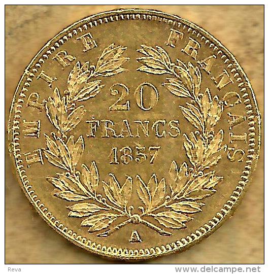 FRANCE 20 FRANCS LAUREL LEAVES FRONT NAPOLEON III HEAD BACK 1857 A AU GOLD KM? EF READ DESCRIPTION CAREFULLY!! - Autres & Non Classés