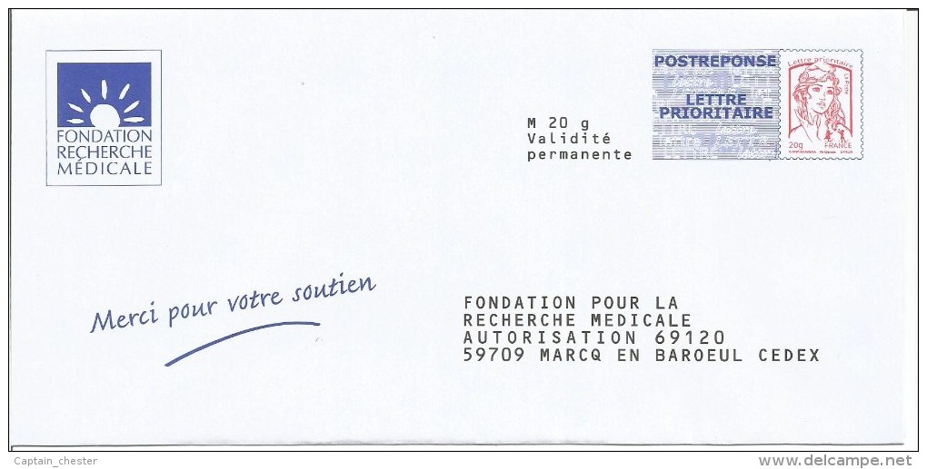 POSTREPONSE " Fondation Pour La Recherche Médicale " Neuf ( Marianne 20g Ciappa 15P140 ) - Prêts-à-poster: Réponse /Ciappa-Kavena