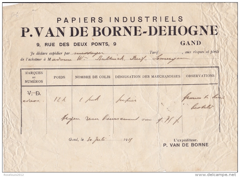 1919 - GAND - Van De Borne-Dehogne  - Papiers Industriels - 1900 – 1949