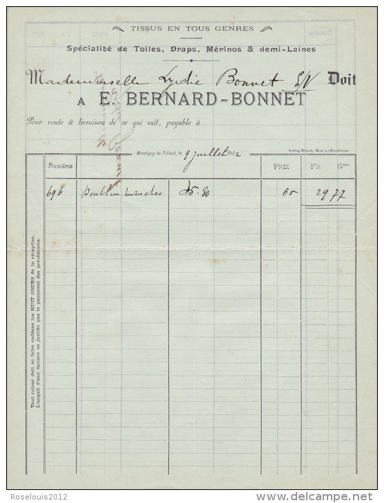 1902 - MONTIGNY-LE-TILLEUL  - Bernard-Bonnet  - Tissus En Tous Genres - 1900 – 1949