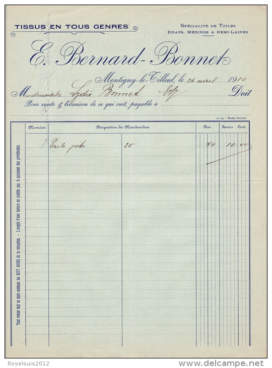 1910 - MONTIGNY-LE-TILLEUL  - Bernard-Bonnet  - Tissus En Tous Genres - 1900 – 1949