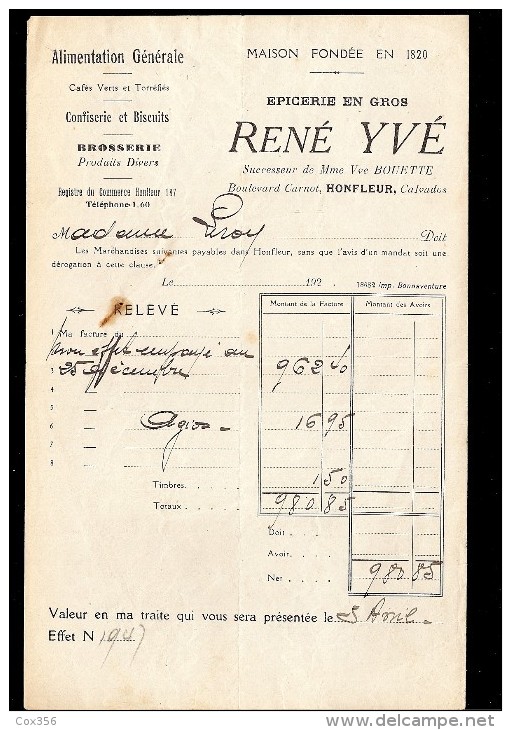 FACTURE  ALIMENTATION GÉNÉRALE ÉPICERIE EN GROS RENÉ YVE  à HONFLEUR 1920 - Alimentare