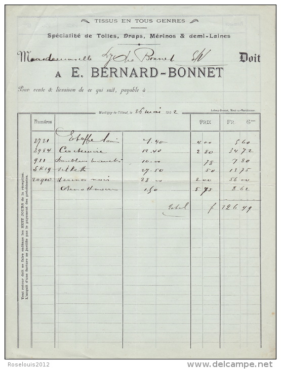 1902 - MONTIGNY-LE-TILLEUL  - Bonnet  - Tissus En Tous Genres - 1900 – 1949