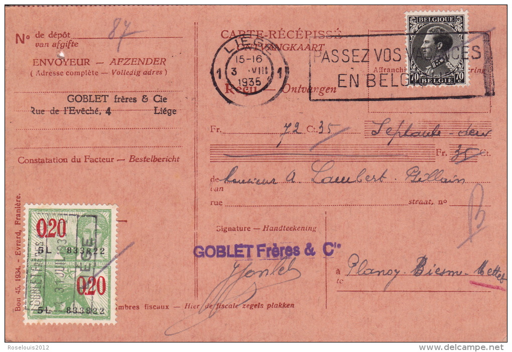 1935 - Carte Récépissé - LIEGE Vers BIESME / METTET - 1900 – 1949