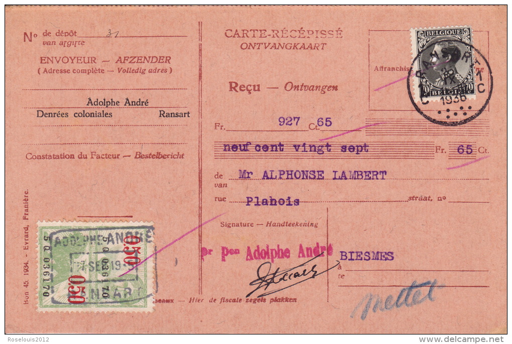 1935 - Carte Récépissé - RANSART Vers BIESMES / METTET - 1900 – 1949