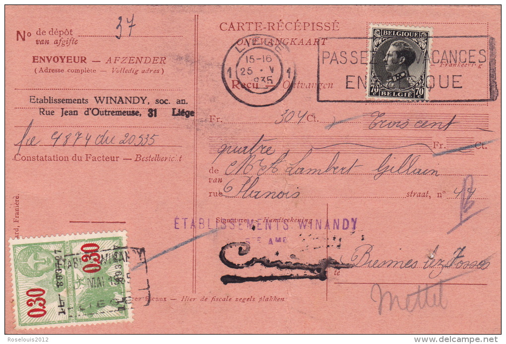 1935 - Carte Récépissé - LIEGE Vers BIESMES / METTET - 1900 – 1949