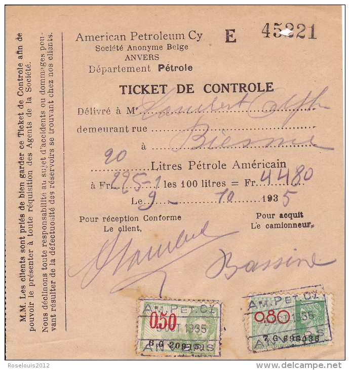 1935 - Ticket De Contrôle - ANVERS - Pétrole - 1900 – 1949