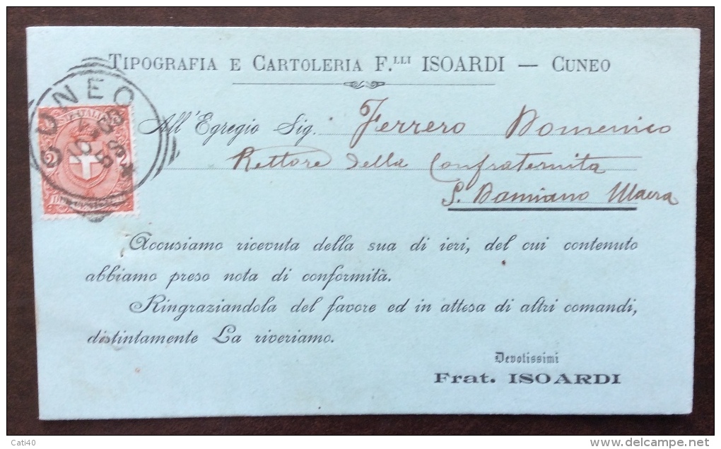 TIPOGRAFIA E CARTOLERIA F.LLI ISOARDI - CUNEO - CARTOLINA PUBBLICITARIA VIAGGIATA 1900 - Pubblicitari