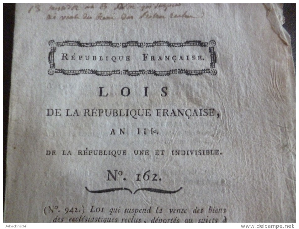 Loi Révolution An III. Déportés, émigré, Délégations, Voitures De Marchandises,... - Wetten & Decreten
