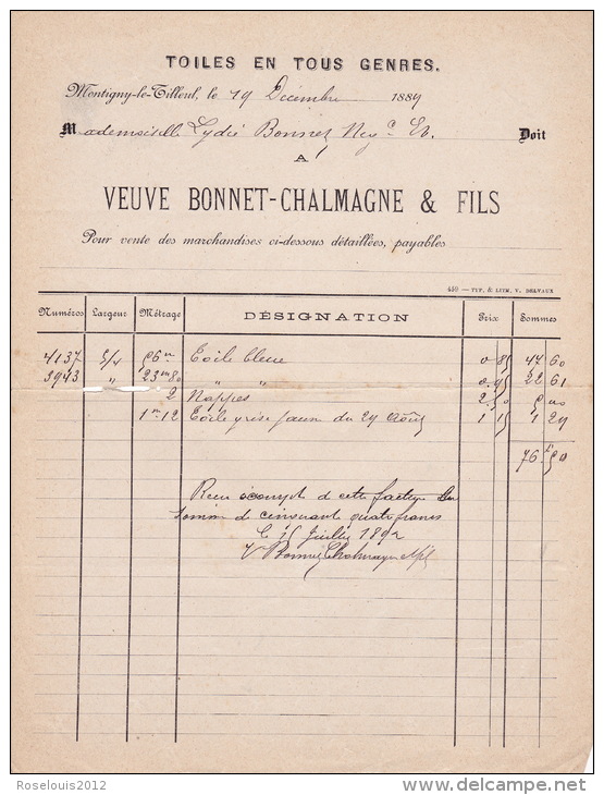 1889 - MONTIGNY-LE-TILLEUL  - Bonnet  - Tissus En Tous Genres - 1800 – 1899