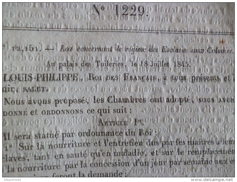 Bulletin Des Lois N°1229. 18/07/1845. Loi Concernant Le Régime Des Esclaves Aux Colonies. Nouveaux Droits!!! - Gesetze & Erlasse