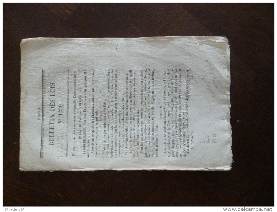 Bulletin Des Lois N°1229. 18/07/1845. Loi Concernant Le Régime Des Esclaves Aux Colonies. Nouveaux Droits!!! - Decreti & Leggi