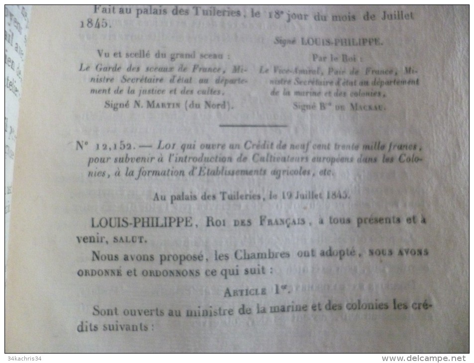 Bulletin des lois N°1229. 18/07/1845. Loi concernant le régime des esclaves aux colonies. Nouveaux droits!!!