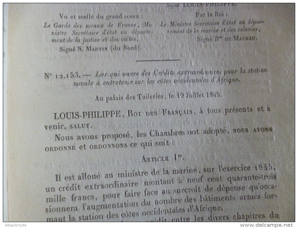 Bulletin des lois N°1229. 18/07/1845. Loi concernant le régime des esclaves aux colonies. Nouveaux droits!!!