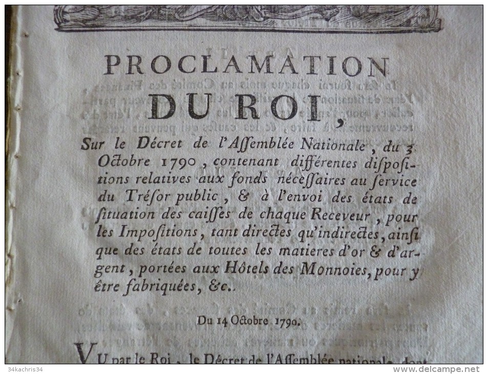 Proclamation Du Roi 14 /10/1790 Signalisation Des états De Matières D'or Et D'argent Portées à L'Hôtel Des Monnaies - Décrets & Lois