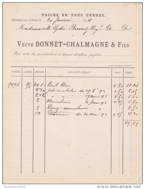 1894 - MONTIGNY-LE-TILLEUL  - Bonnet  - Tissus En Tous Genres - 1800 – 1899