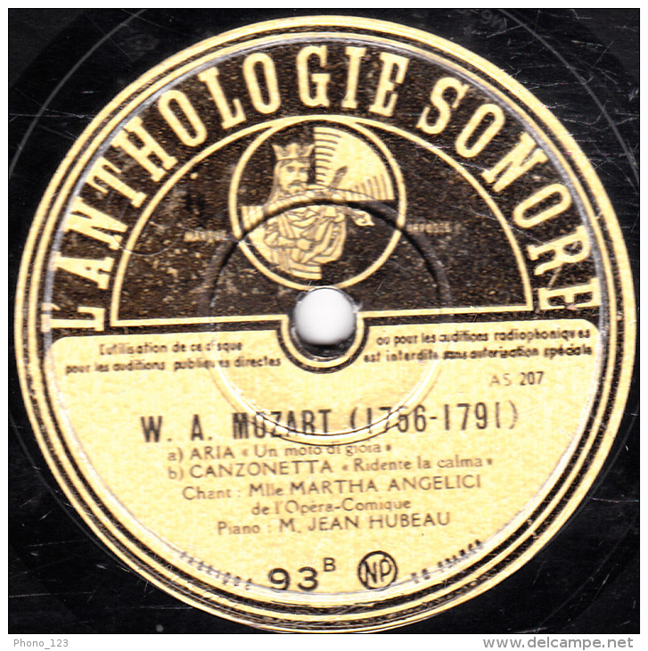 78 Trs - 30 Cm - état B -  W.A. MOZART (1756-1791) - MARTHA ANGELICI - - 78 T - Disques Pour Gramophone