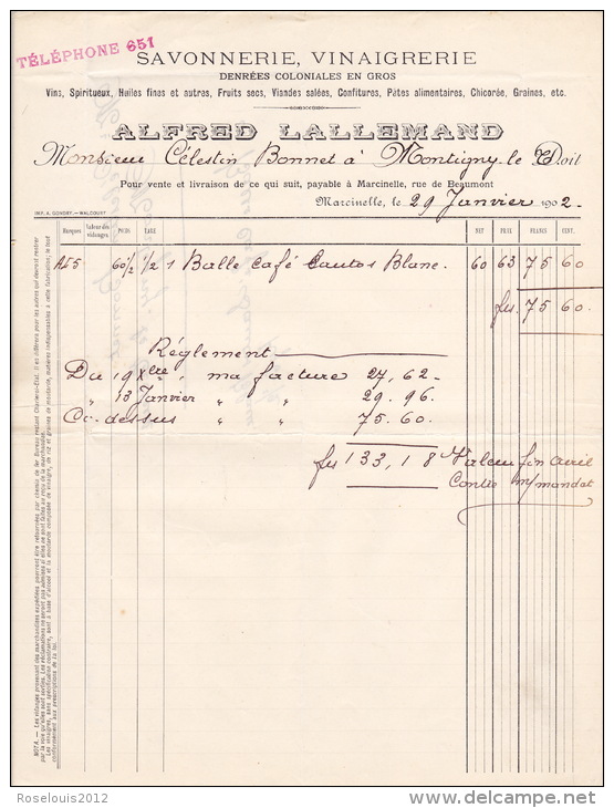 1902 - MARCINELLE - Alfred Lallemand - Denrées Coloniales En Gros - 1900 – 1949
