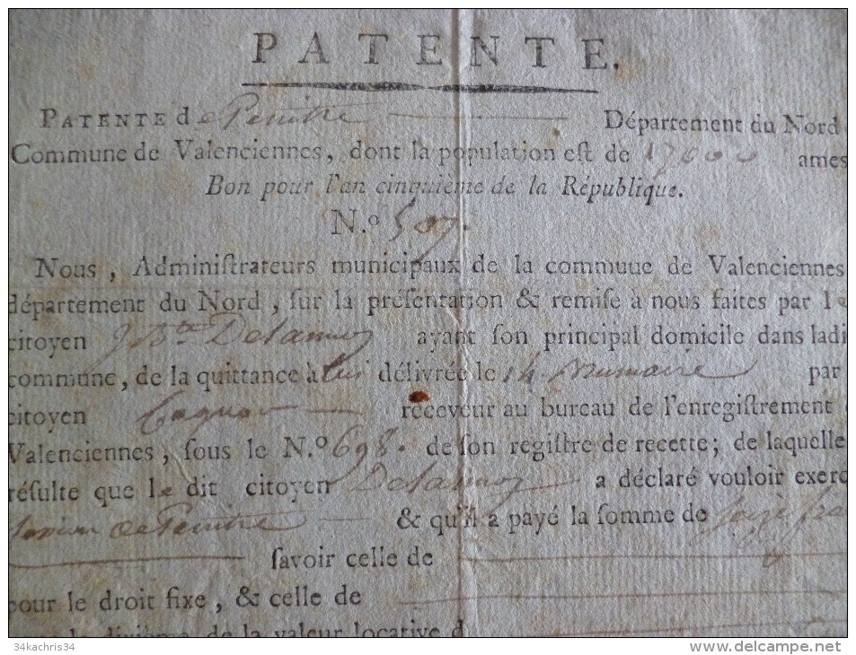 Valencienne An 5 Révolution Patente Du Citoyen J.B. Delannos Peintre - 1800 – 1899