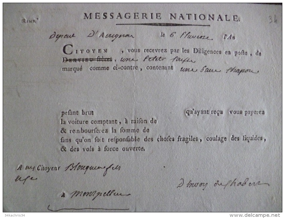 Montpellier Révolution Messagerie Nationale D'Avignon Par Les Diligences Poste Blouquère - 1800 – 1899