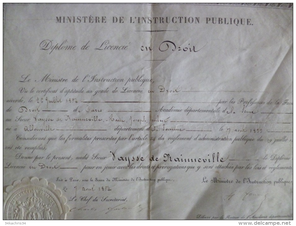 Diplôme De Licence  En Droit 7/04/1854. Paris Vaysse De Maineville Format Supérieur à A4 Autographe Au Dos - Diplome Und Schulzeugnisse