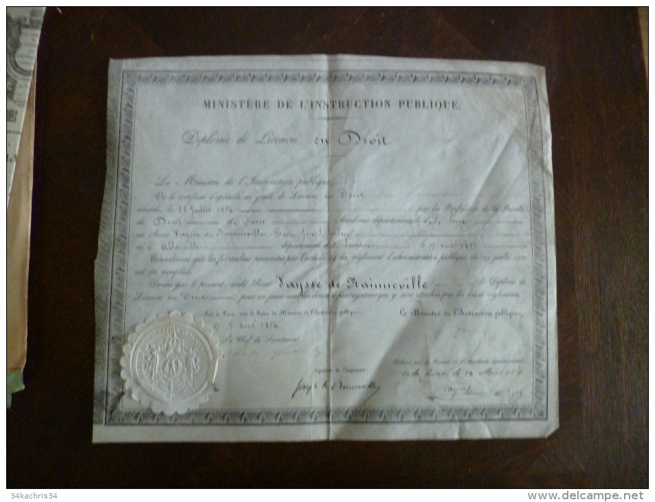 Diplôme De Licence  En Droit 7/04/1854. Paris Vaysse De Maineville Format Supérieur à A4 Autographe Au Dos - Diploma & School Reports