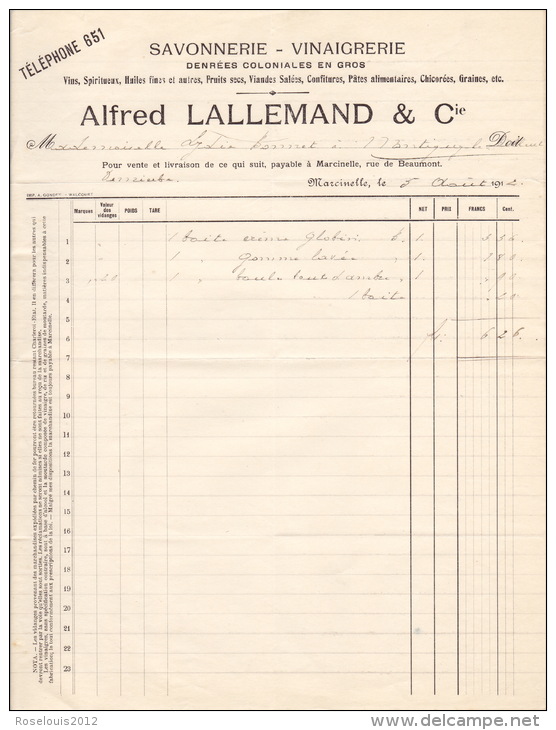 1912 - MARCINELLE - Alfred Lallemand - Denrées Coloniales En Gros - 1900 – 1949