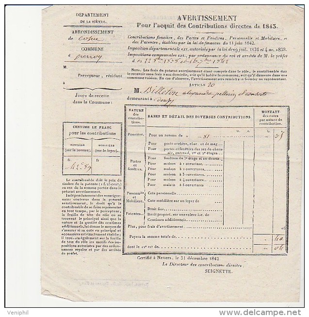 AVERTISSEMENT CONTRIBUTIONS DIRECTES DE 1843 - Ohne Zuordnung