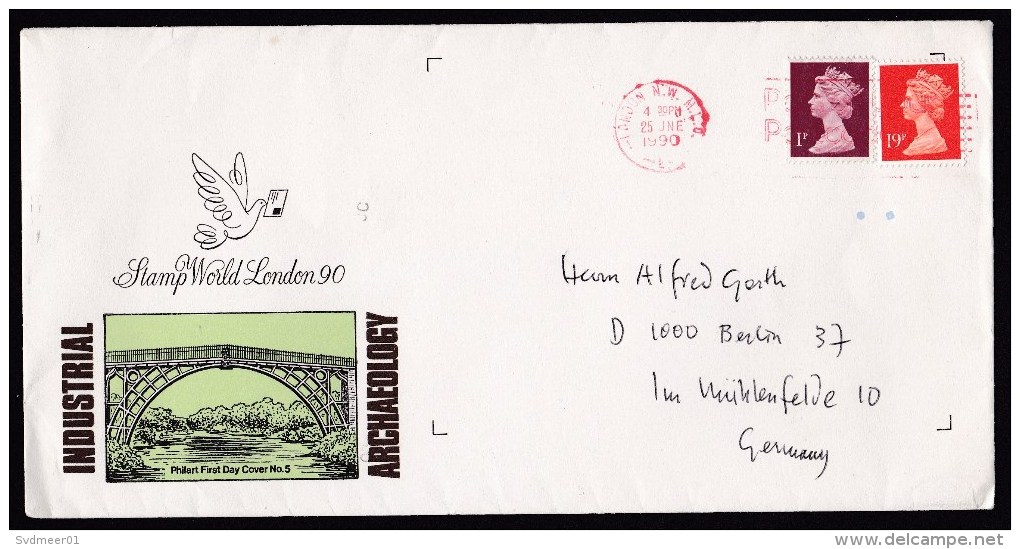 UK: Cover To Germany, 1990, 2 Stamps, Machin, Red Cancel (traces Of Use) - Brieven En Documenten