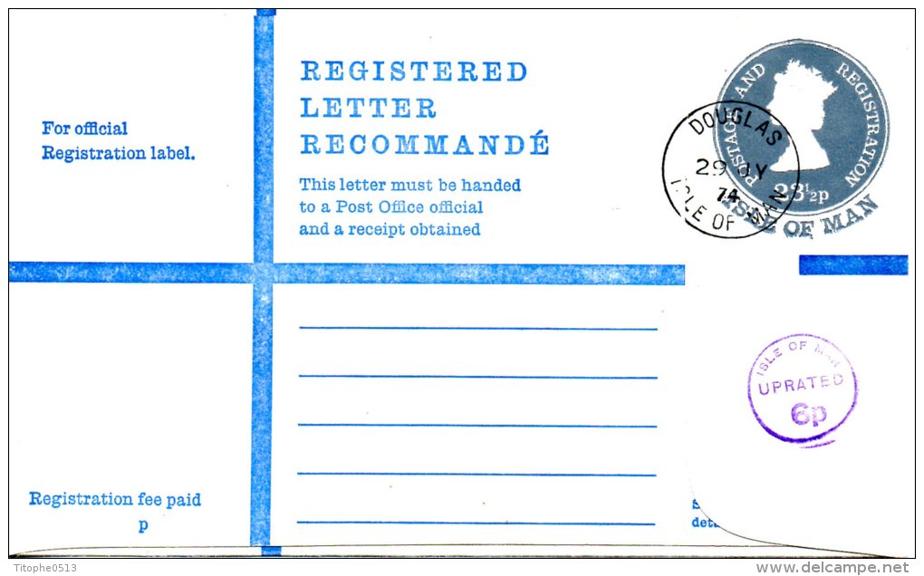 ILE DE MAN. Postal Stationery Registered Letter Registration Envelope Cancellation 1974. - Isle Of Man