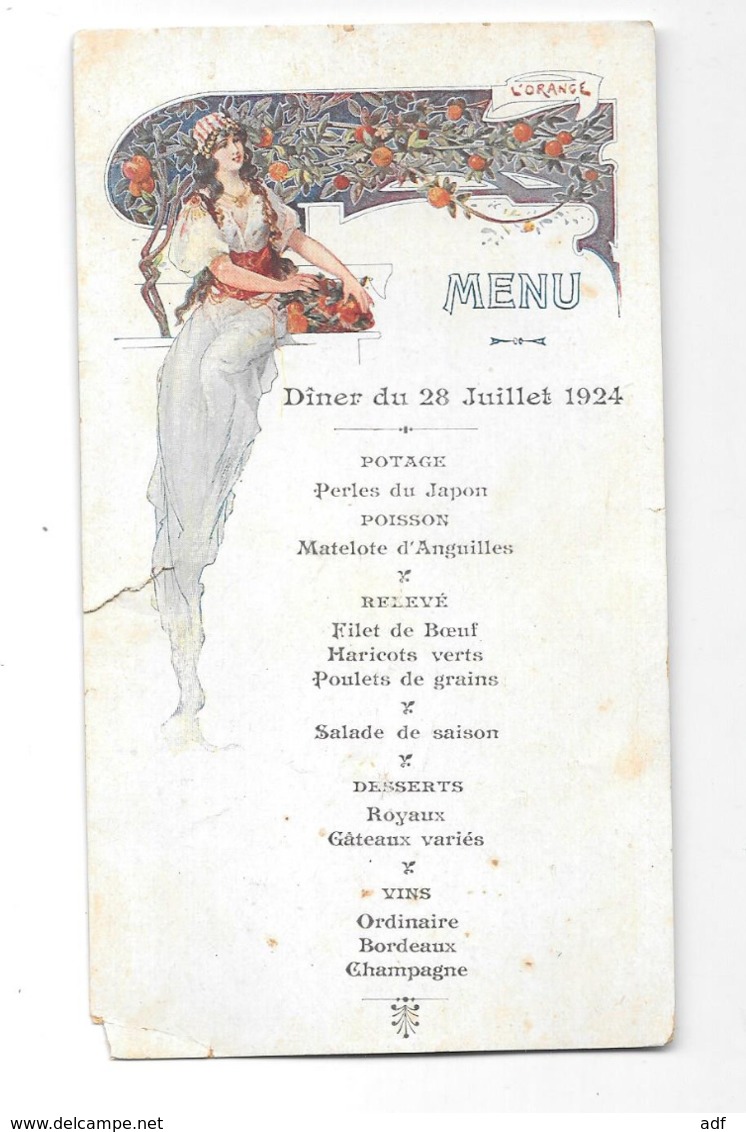 MENU FEMME ART NOUVEAU DINER DU 28 JUILLET 1924 - Menus