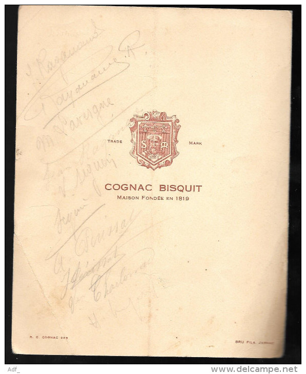 MENU PUB . PUBLICITE POUR LE COGNAC BISQUIT 2/06/1926 - Menus