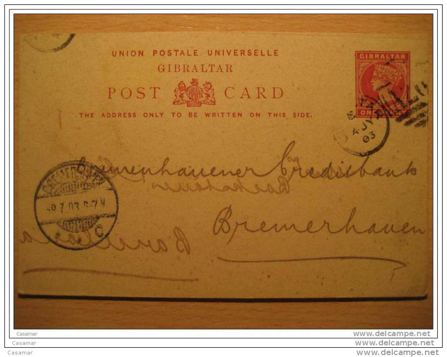 GIBRALTAR 1903 To Bremerhauen Alemania Germany One Penny UPU Post Card Stationery Spain Area British Colonies - Gibraltar