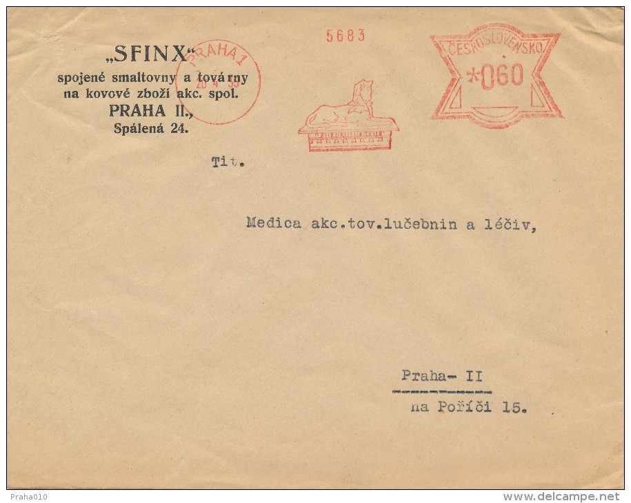 K6375 - Czechoslovakia (1935) Praha 1: "SFINX" (Logo Sphinx) Enamel And Metal Goods Factory; Letter, Local Tariff: 0,60 - Egyptologie