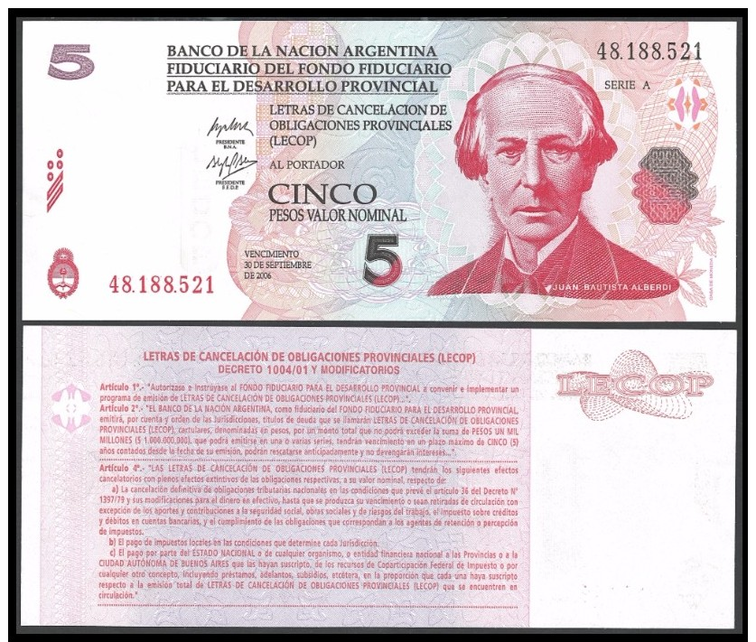 Argentina 5 PESOS Emergency LECOP 2001 UNC ARGENTINE - Argentinië