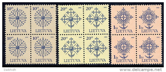 LITHUANIA 2002 Definitive 10c, 20c, 1 L. Dated 2002, Blocks Of 4 MNH / **.  Michel 717-19 C II - Lithuania