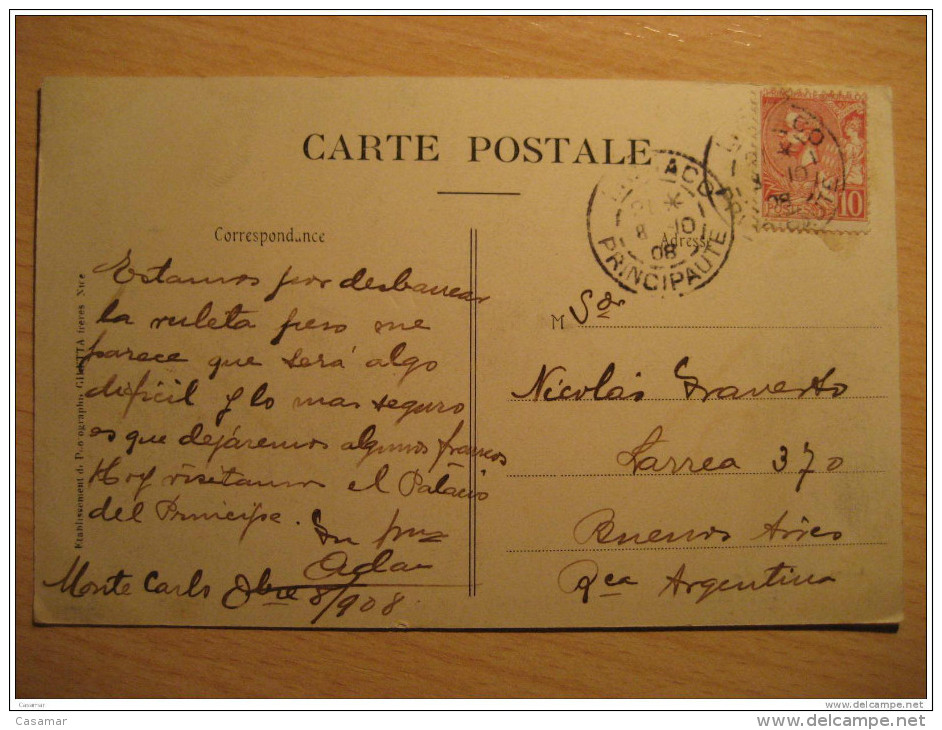 MONACO Monte-Carlo 1908 To Buenos Aires Argentina Stamp On Casino Club Kasino Paris Cafe Coffee Terrasse Post Card Fr... - Lettres & Documents