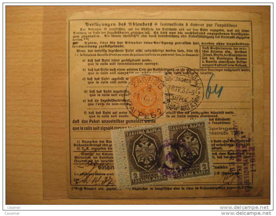 Berlin Germany 1937 To Zagreb 3 Stamp Fiscal Tax Revenue Official ... On Paketkarte Bulletin Expedition Card YUGOSLAVIA - Impuestos