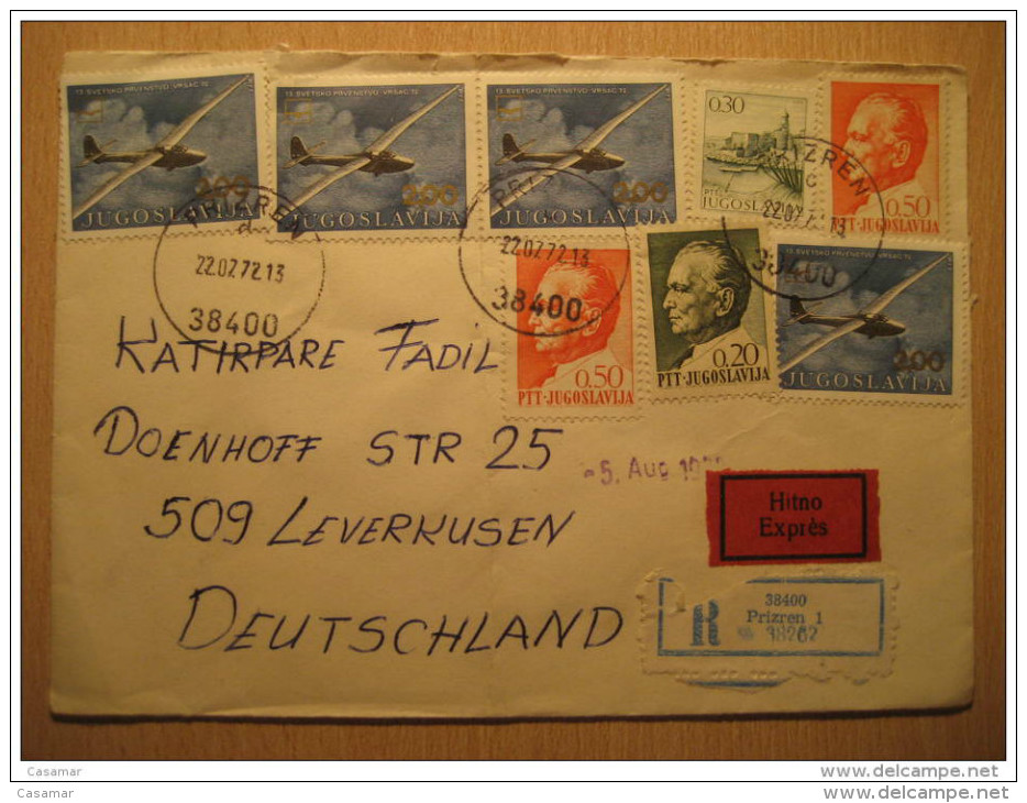 Prizren 1972 To Leverkusen Germany 8 Stamp + Expres Registered 2 Label On Cover Yugoslavia - Briefe U. Dokumente