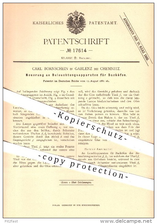 Original Patent - C. Bornschein , Gablenz / Chemnitz , 1881 , Beleuchtung Für Backöfen , Backofen , Bäckerei , Bäcker !! - Historische Dokumente