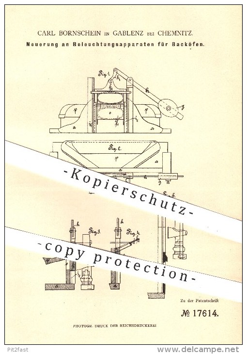 Original Patent - C. Bornschein , Gablenz / Chemnitz , 1881 , Beleuchtung Für Backöfen , Backofen , Bäckerei , Bäcker !! - Historische Dokumente