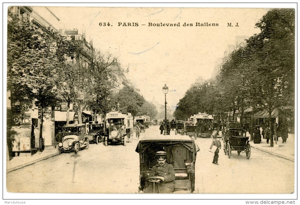 Paris. Boulevard Des Italiens. Envoyée En 1913. Autobus, Attelages, Automobiles Ancêtres (oldtimers), Chauffeur. - Distretto: 02