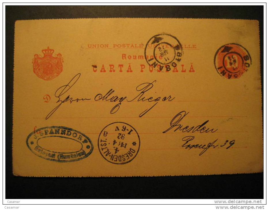 ROMANIA Botosani 1892 To Dresden Germany Allemagne Roumanie Rumania Rumanien UPU Postal Stationery Card - Brieven En Documenten