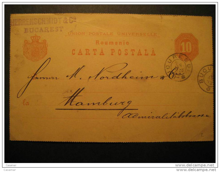 ROMANIA Bucharest 1892 To Hamburg Germany Allemagne Roumanie Rumania Rumanien UPU Postal Stationery Card - Brieven En Documenten