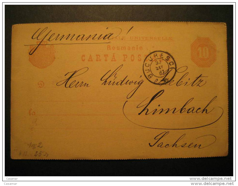 ROMANIA Bucharest 1887 To Limbach Germany Allemagne Roumanie Rumania Rumanien UPU Postal Stationery Card - Storia Postale