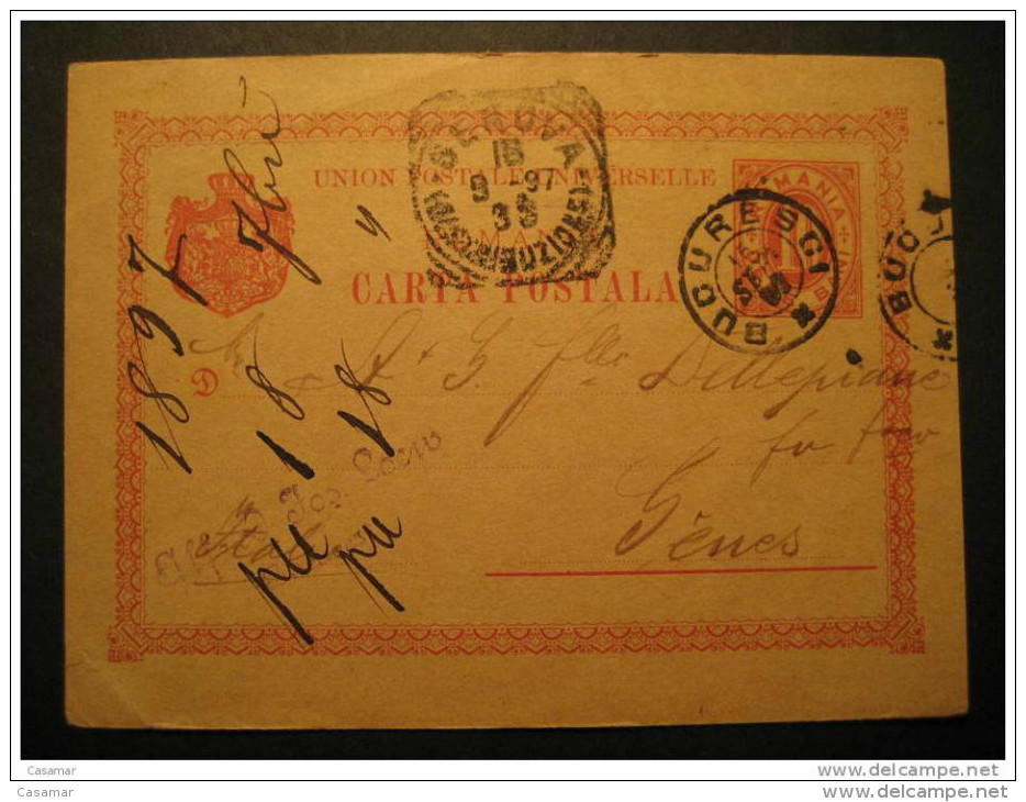 ROMANIA Bucharest 1897 To Genova Italy Italie Italia Roumanie Rumania Rumanien UPU Postal Stationery Card - Brieven En Documenten