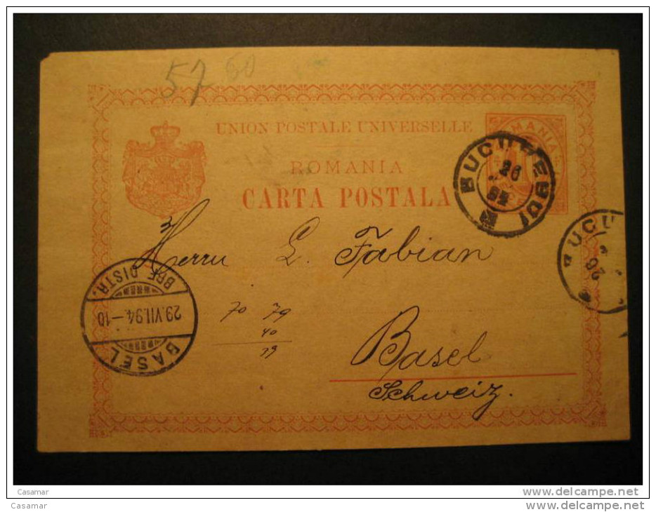 ROMANIA Bucharest 1894 To Basel Switzerland Suisse Schweiz Roumanie Rumania Rumanien UPU Postal Stationery Card - Brieven En Documenten