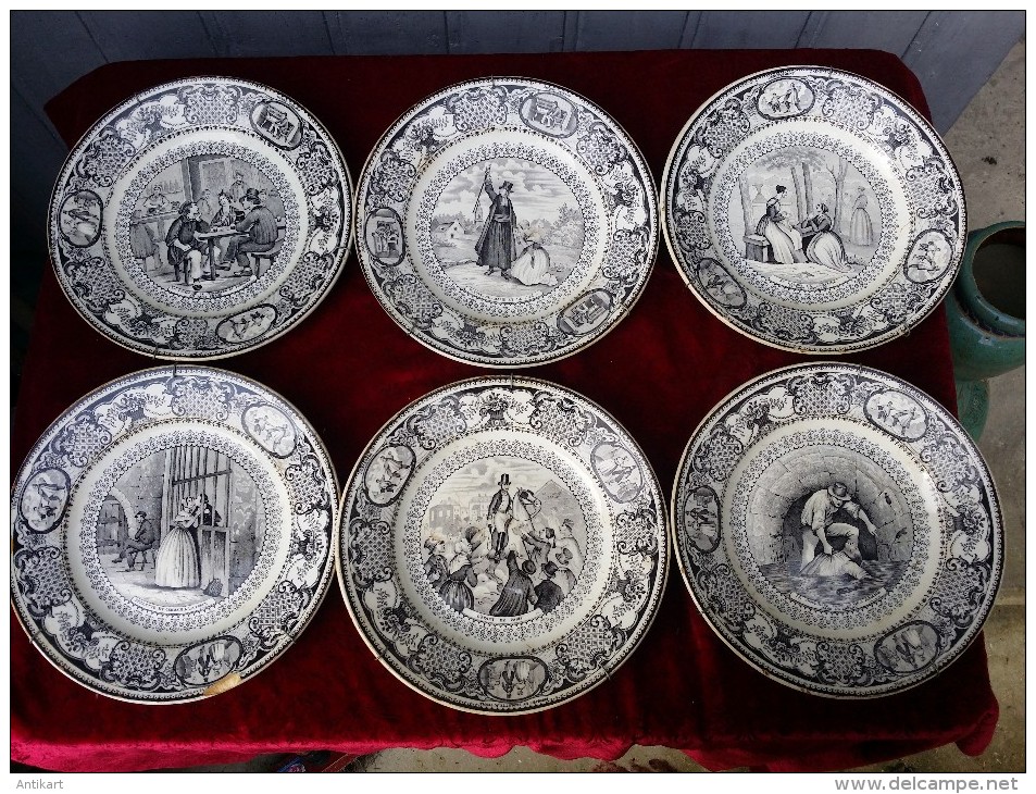 GIEN - Série De 6 Assiettes Historiées Noir Et Blanc, Porcelaine Opaque  XIXe S. - Gien (FRA)