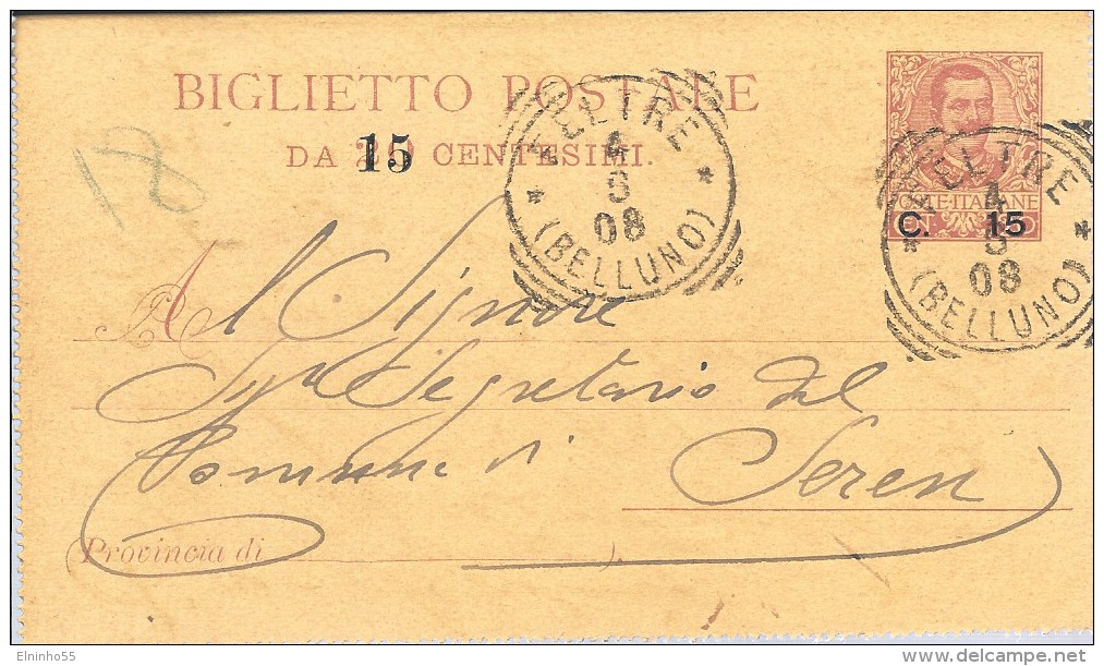 1908 Biglietto Postale C. 15 Su 20 Da Feltre Per Seren Del Grappa - Interi Postali