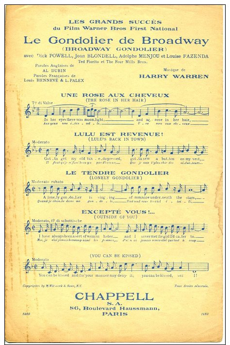 PARTITION UNE ROSE AUX CHEVEUX FILM BROADWAY GONDOLIER HARRY WARREN LLYOD BACON POWELL BLONDELL VENISE KRAMER - Compositori Di Musica Di Cinema